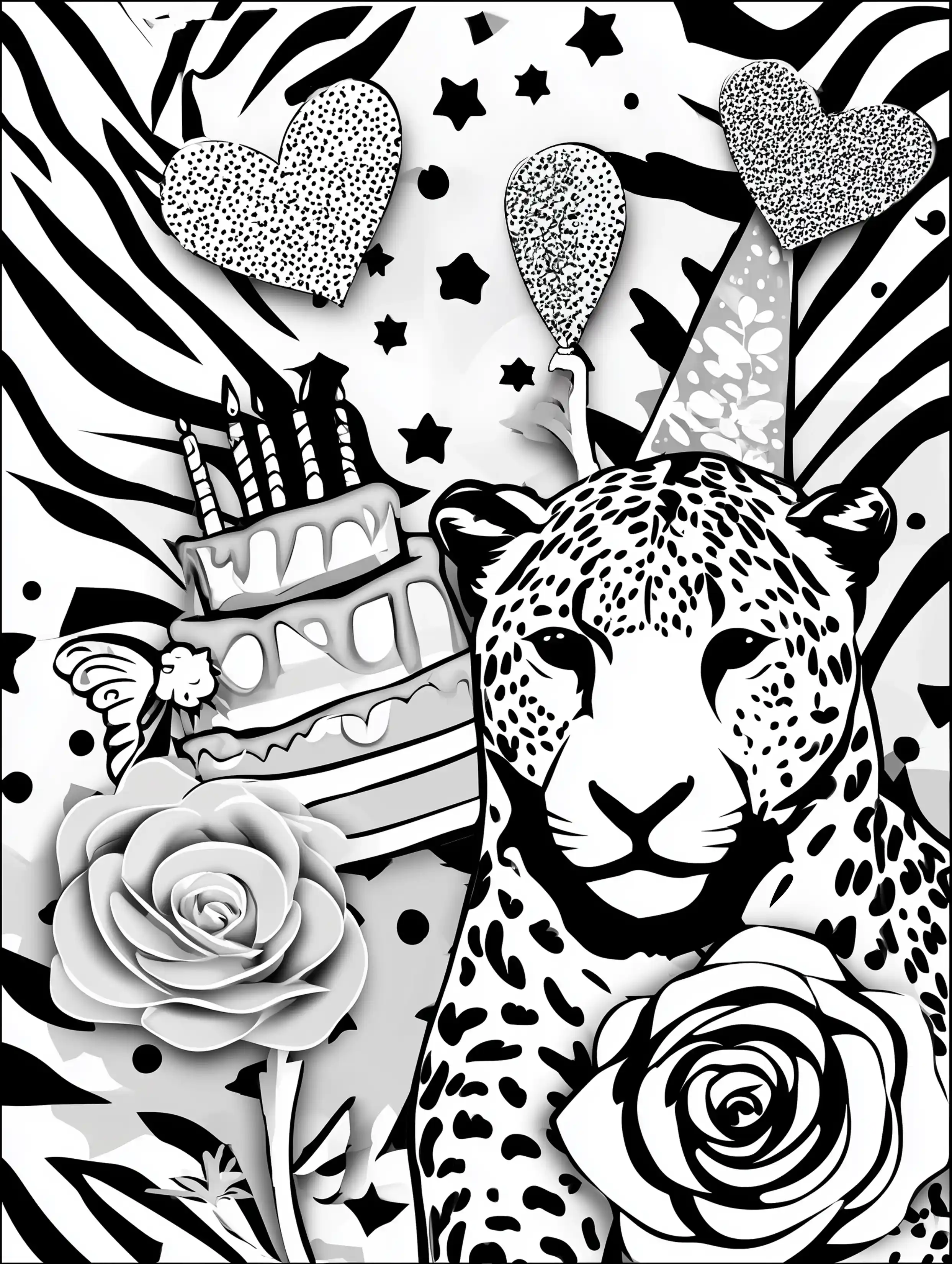 Free cheetah printable coloring page featuring a cheetah with a birthday cake